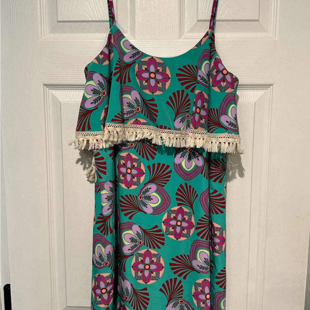 Floral Teal Mini Dress with Tassel Trim